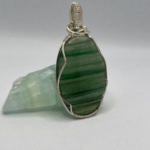 Striped Green Aventurine Wire Wrapped Pendant Sterling Silver